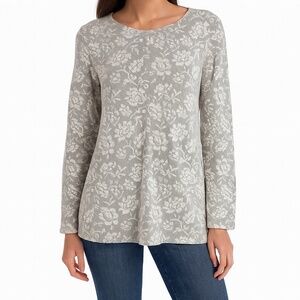 Orvis Gray White Floral Lace Top S Tencel Blend Long Sleeve USA Made Cottagecore